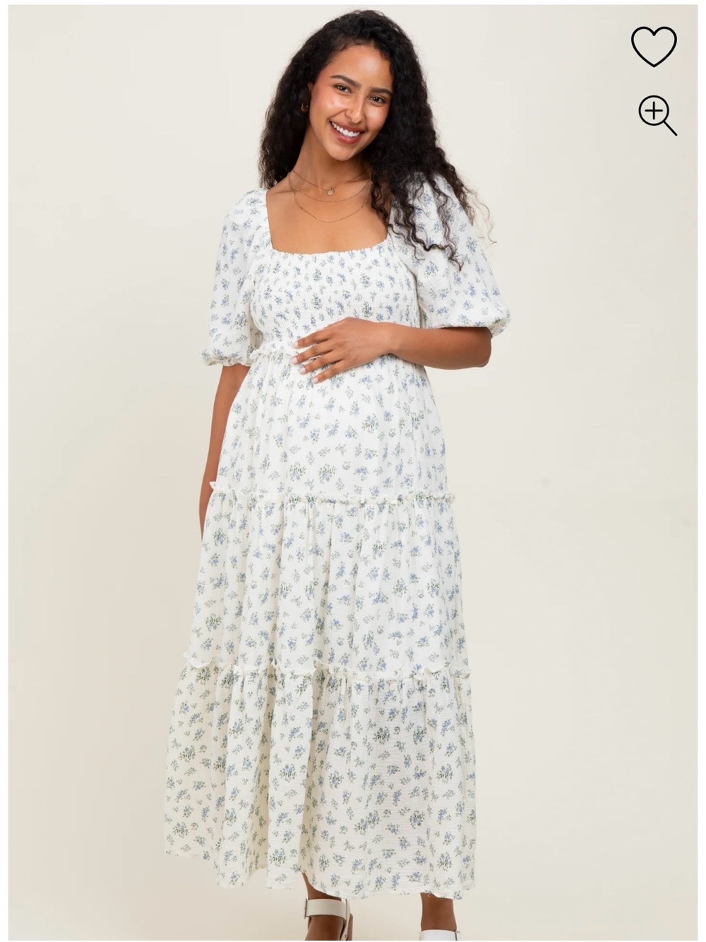Floral Smocked Ruffle Tiered Maternity Dress in White and Blue (LIKE NEW)